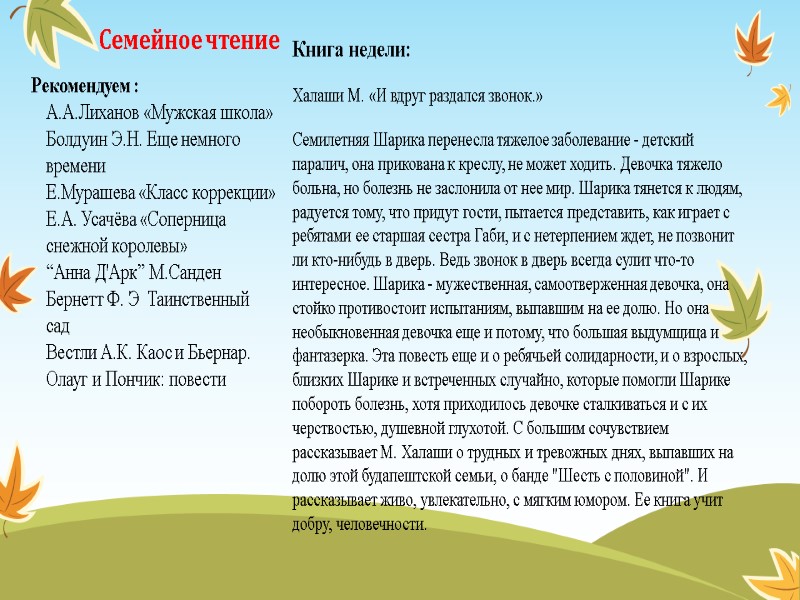 Рекомендуем : А.А.Лиханов «Мужская школа»  Болдуин Э.Н. Еще немного времени Е.Мурашева «Класс коррекции»